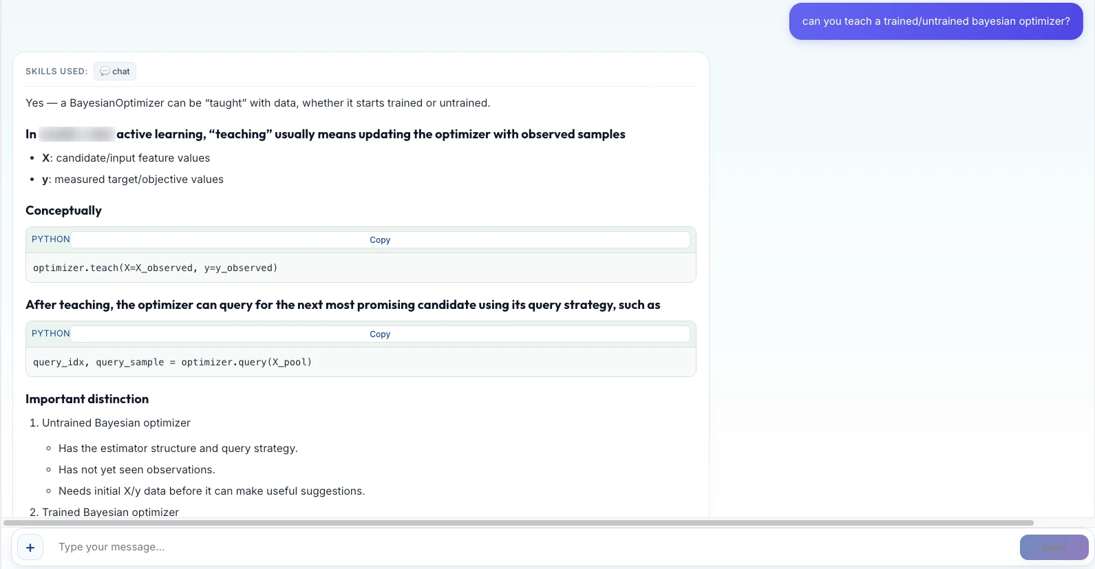 An agent explaining active learning: teaching the optimizer with observed feature values and measured targets, then querying it for the next most promising candidate using its query strategy