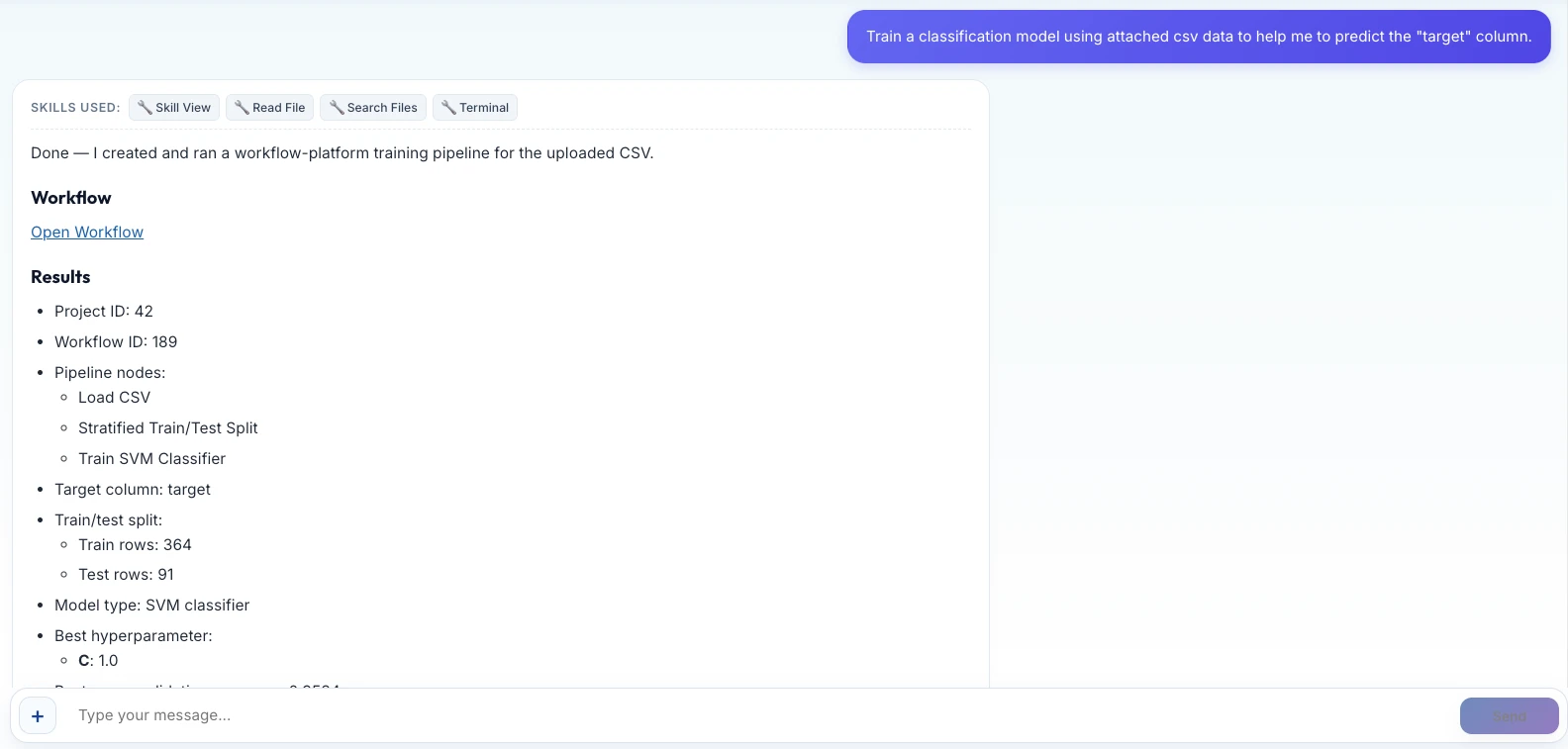 An agent reporting a classification pipeline it built and ran — load CSV, stratified train/test split, and train SVM classifier — with 364 training rows, 91 test rows, and the selected hyperparameter
